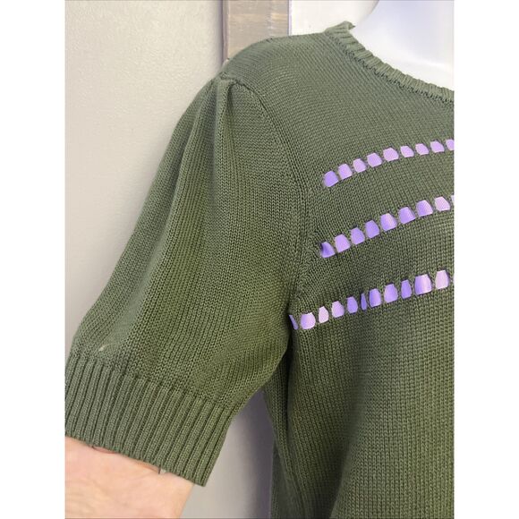ModCloth Olive Green Knit Puff Short Sleeve Sweater Light Purple Ribbon- Medium - Picture 2 of 13